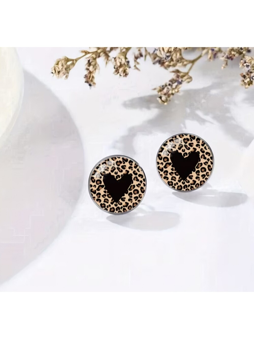 Black Heart Leopard Stud Earrings